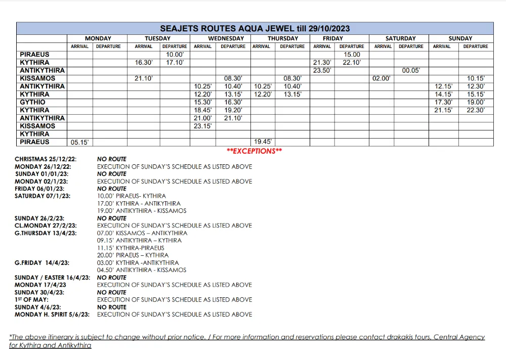Aqua Jewel timetable 2022 – 2023